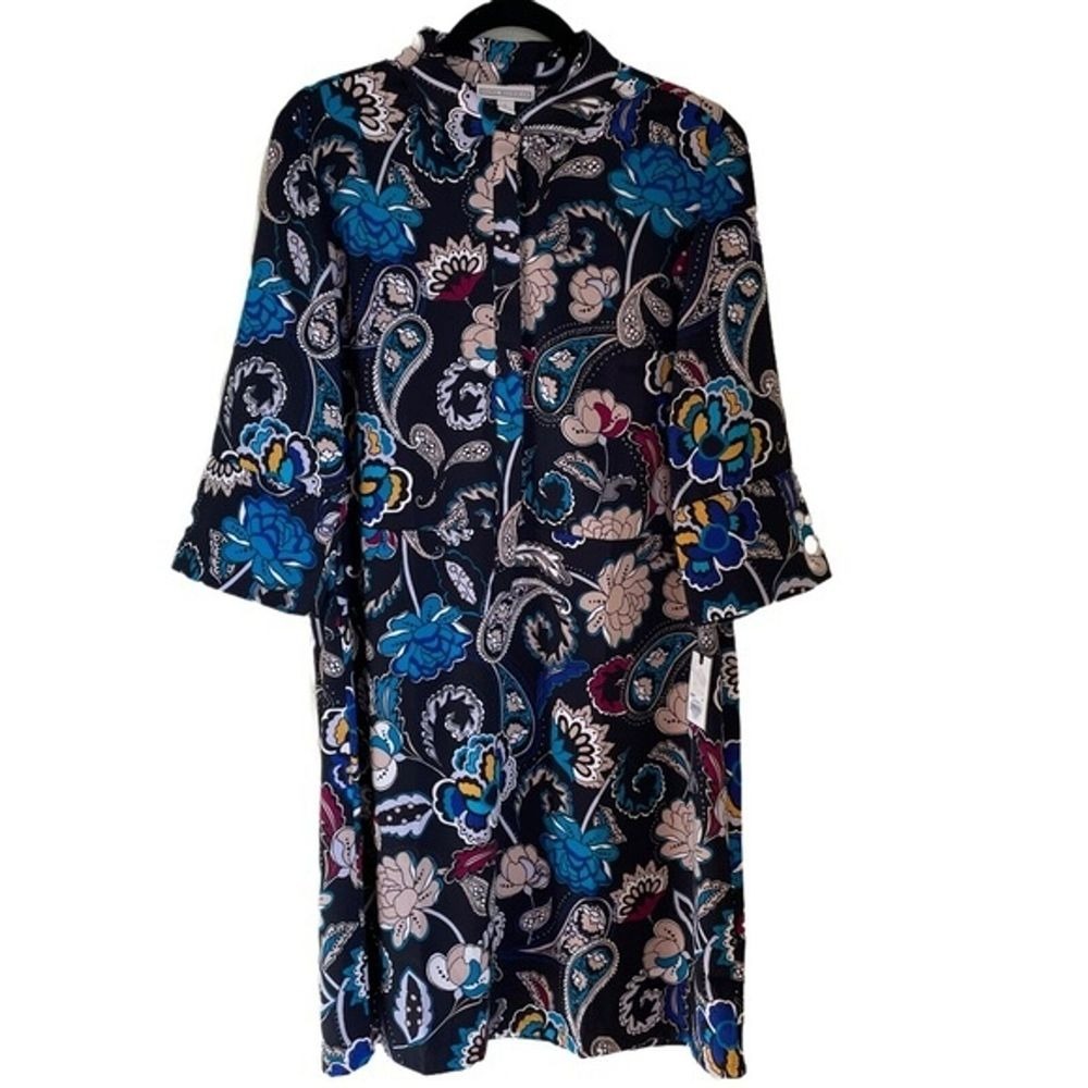 Dana Buchman Shirt Dress Size L Paisley Floral Black Career Classic 3/4 Sleeve